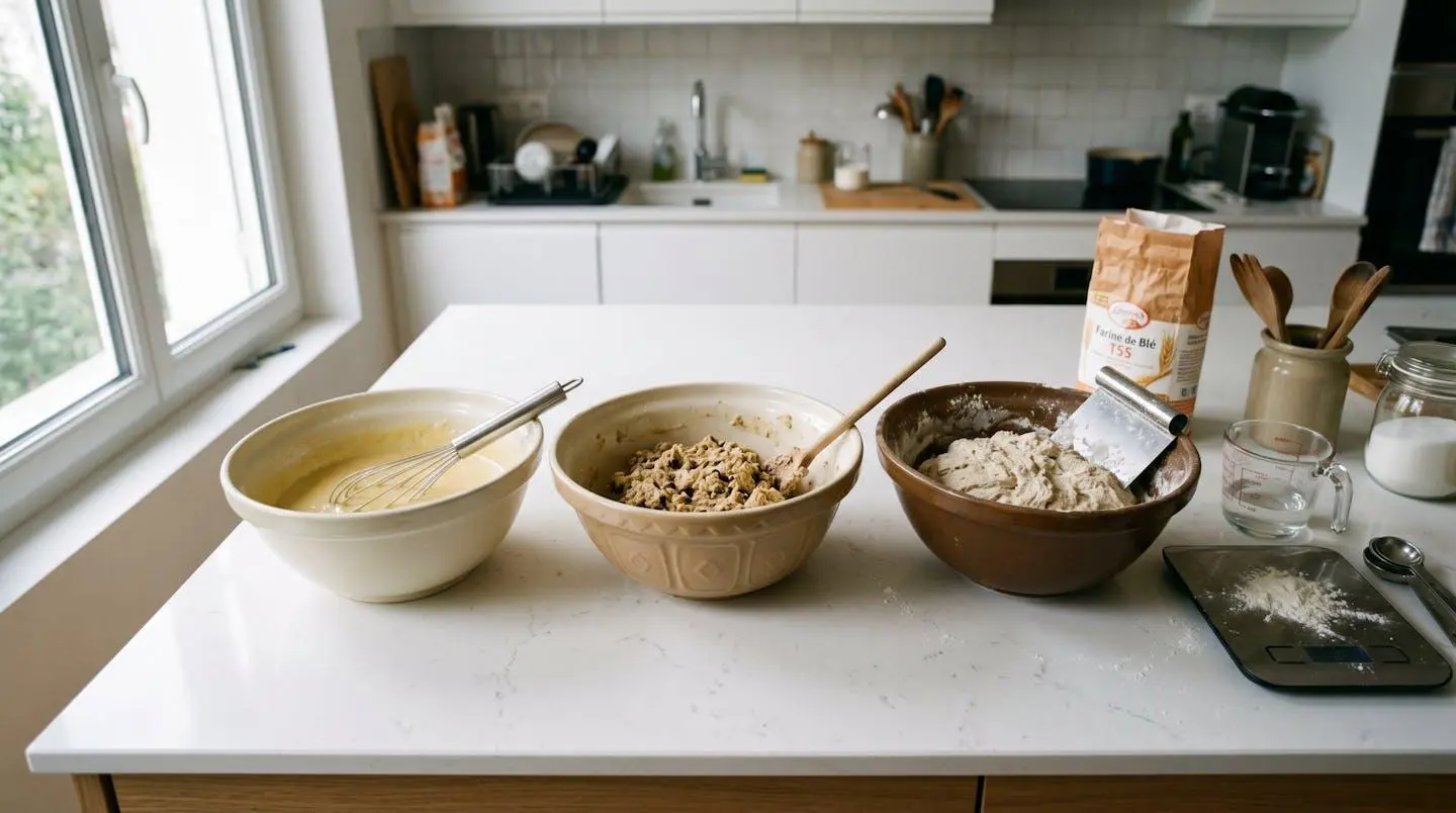 Trois bols blancs alignés sur un plan de travail contemporain contenant respectivement une pâte liquide pour gâteau, une pâte molle à cookies et une pâte dense à pain, avec balance de cuisine et verres doseurs visibles