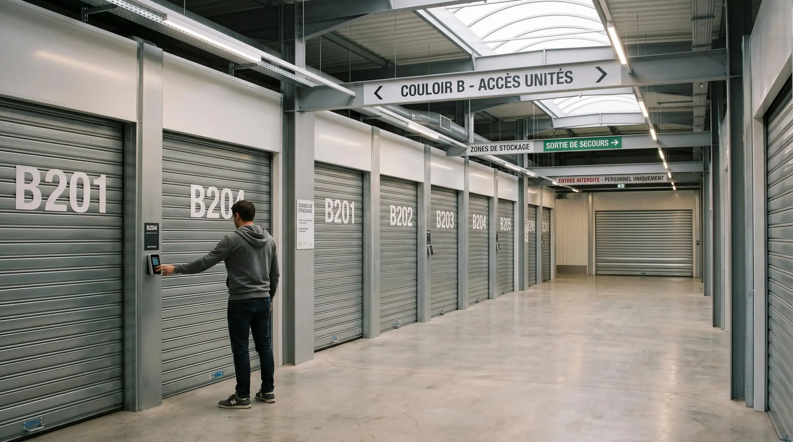 Allée centrale d'un centre de self-stockage moderne à Toulouse avec boxes métalliques alignés, sol béton et éclairage LED, une personne déverrouillant son box avec badge électronique