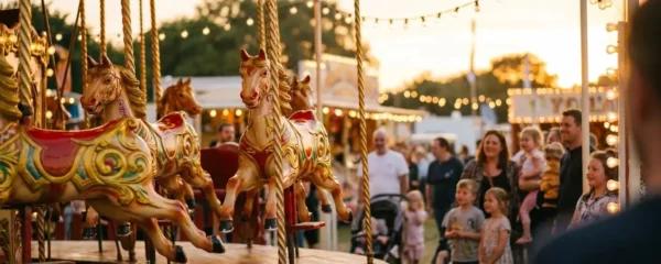 Carrousel de fête foraine illuminé au crépuscule avec des chevaux dorés en mouvement, entouré de familles souriantes