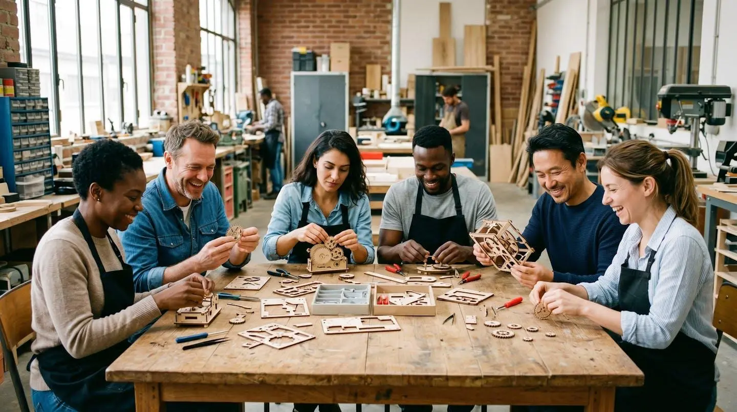 Collaborateurs en atelier créatif indoor lors d'un événement d'entreprise, concentrés et souriants autour d'une table de travail