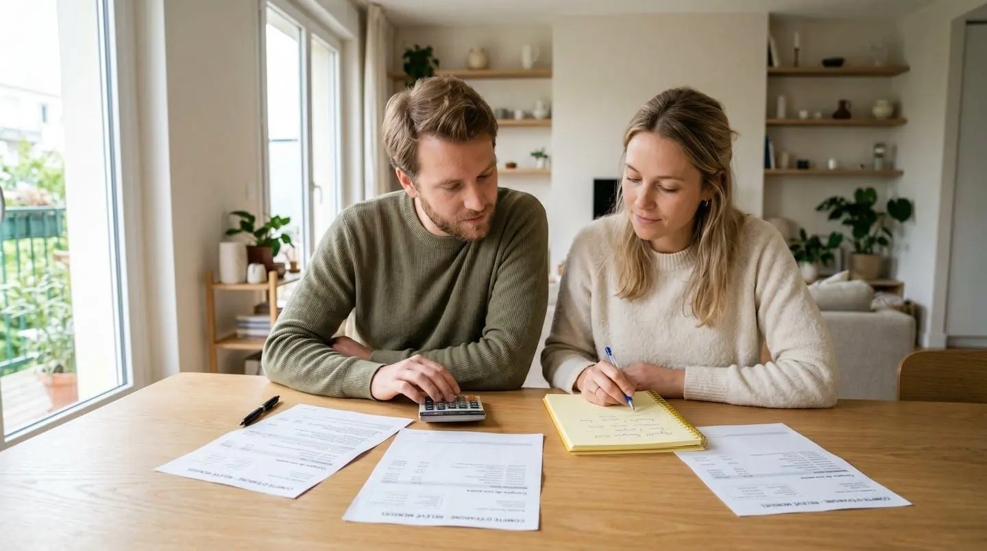 Couple consultant ensemble des relevés d'épargne et documents bancaires pour constituer leur apport personnel immobilier