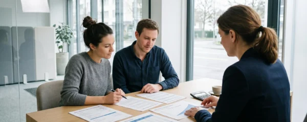 Couple consultant des documents de simulation de crédit immobilier avec un conseiller bancaire dans une agence moderne