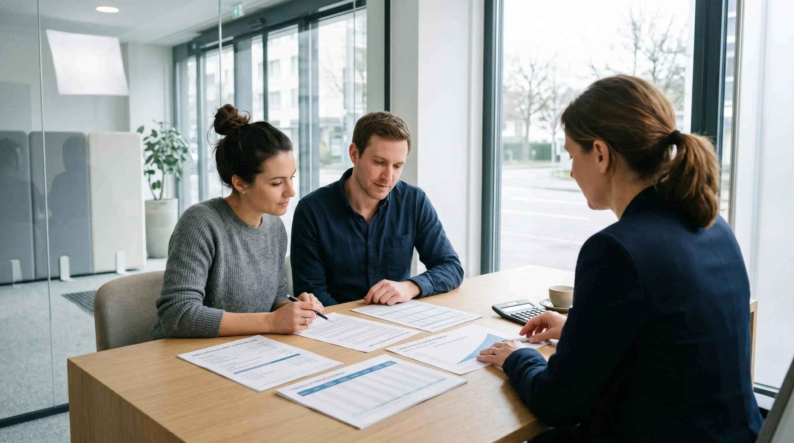 Couple consultant des documents de simulation de crédit immobilier avec un conseiller bancaire dans une agence moderne
