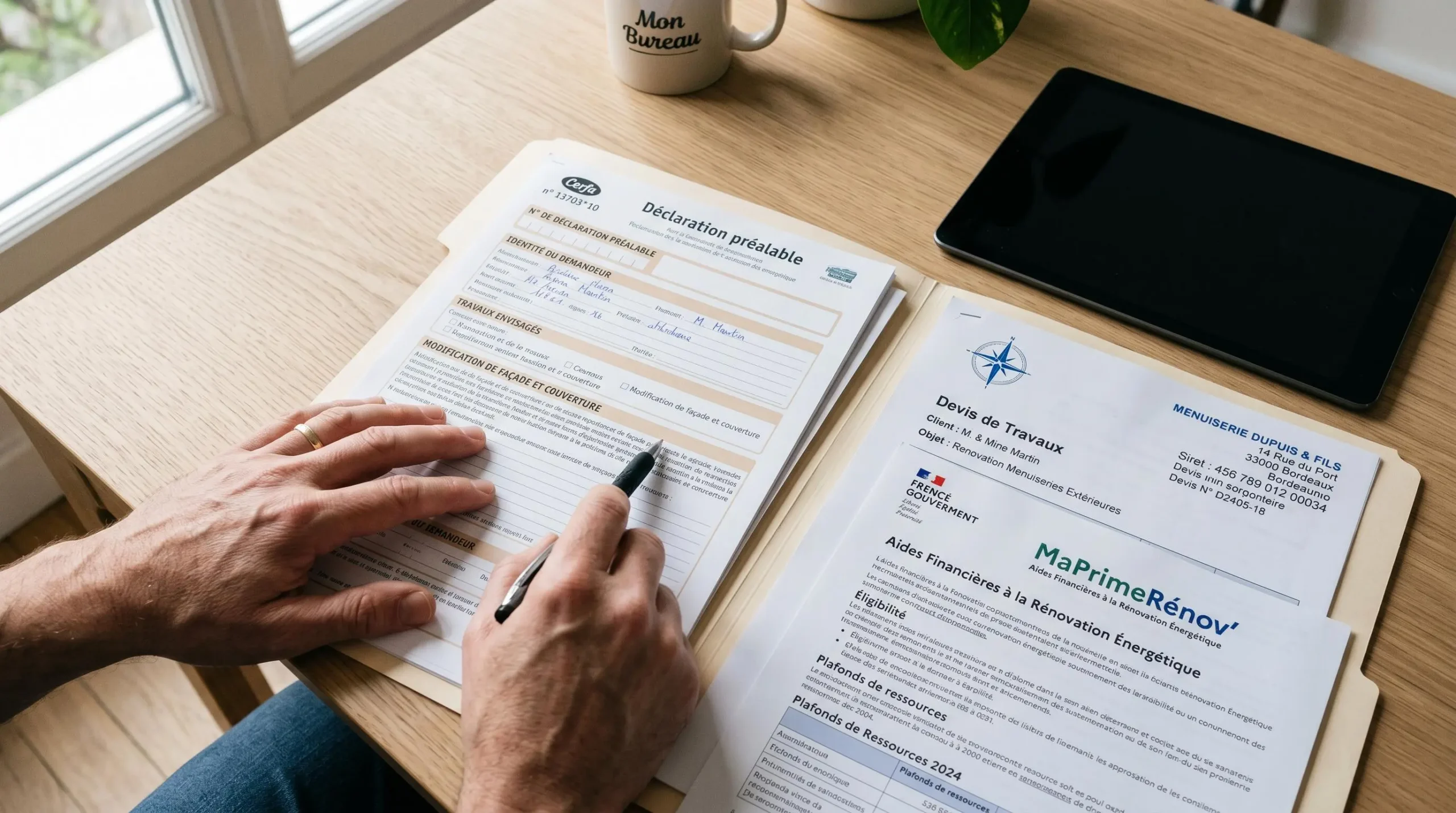 Vue de dessus d'un bureau avec documents administratifs de rénovation : formulaire Cerfa de déclaration préalable, devis artisan et informations MaPrimeRénov', main pointant un paragraphe