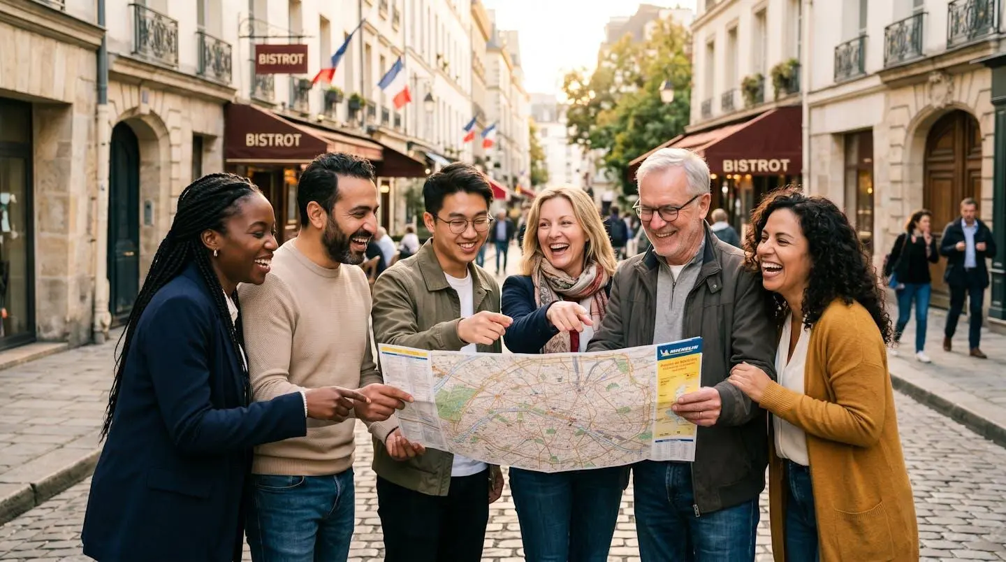 Équipe diverse de professionnels explorant une ville lors d'un rallye urbain de team building, consultant une carte et coopérant