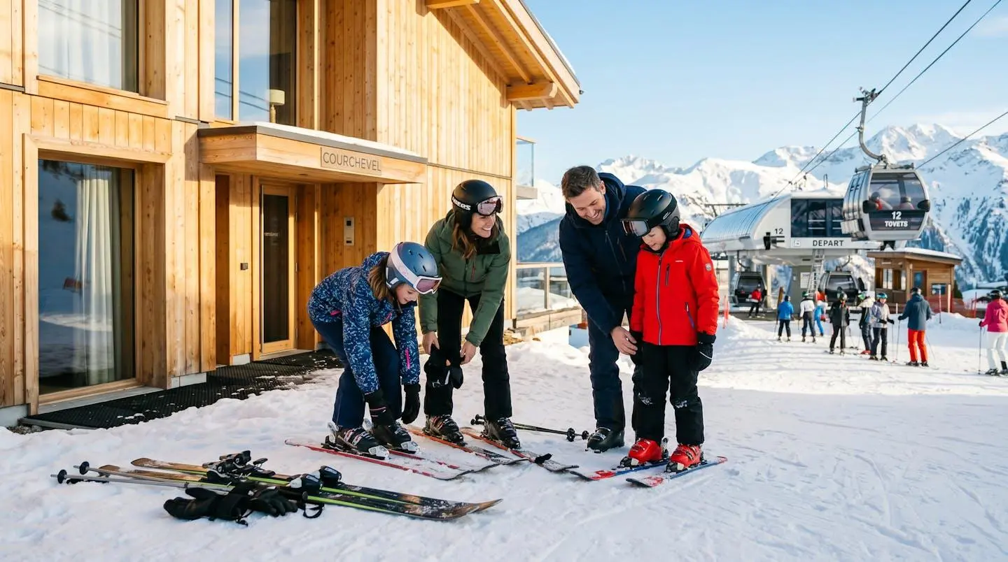 Famille chaussant leurs skis devant leur résidence à Courchevel, avec départ de télésiège visible à quelques mètres en arrière-plan, illustrant l'accès immédiat aux pistes d'un hébergement ski-in ski-out