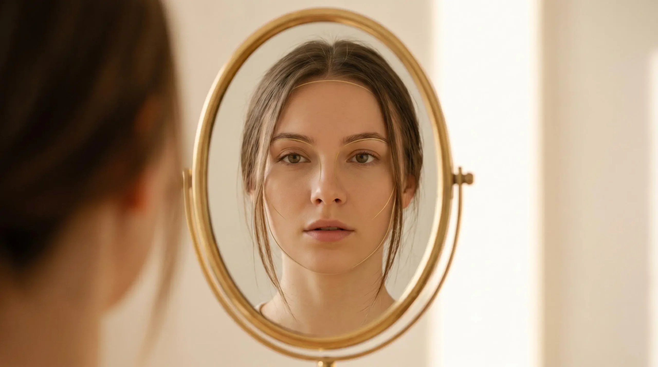 Une femme se regardant dans un miroir, symbolisant l'importance de comprendre sa morphologie faciale pour choisir sa coupe.