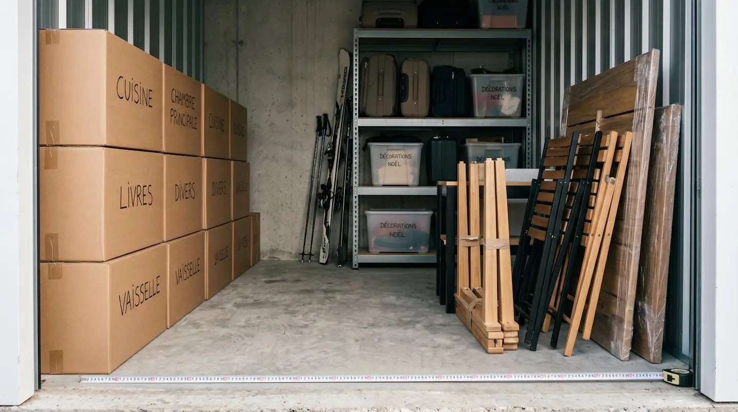 Intérieur d'un box de stockage 8-10m² avec cartons étiquetés en français, meubles démontés et étagères métalliques, ruban mètre au sol