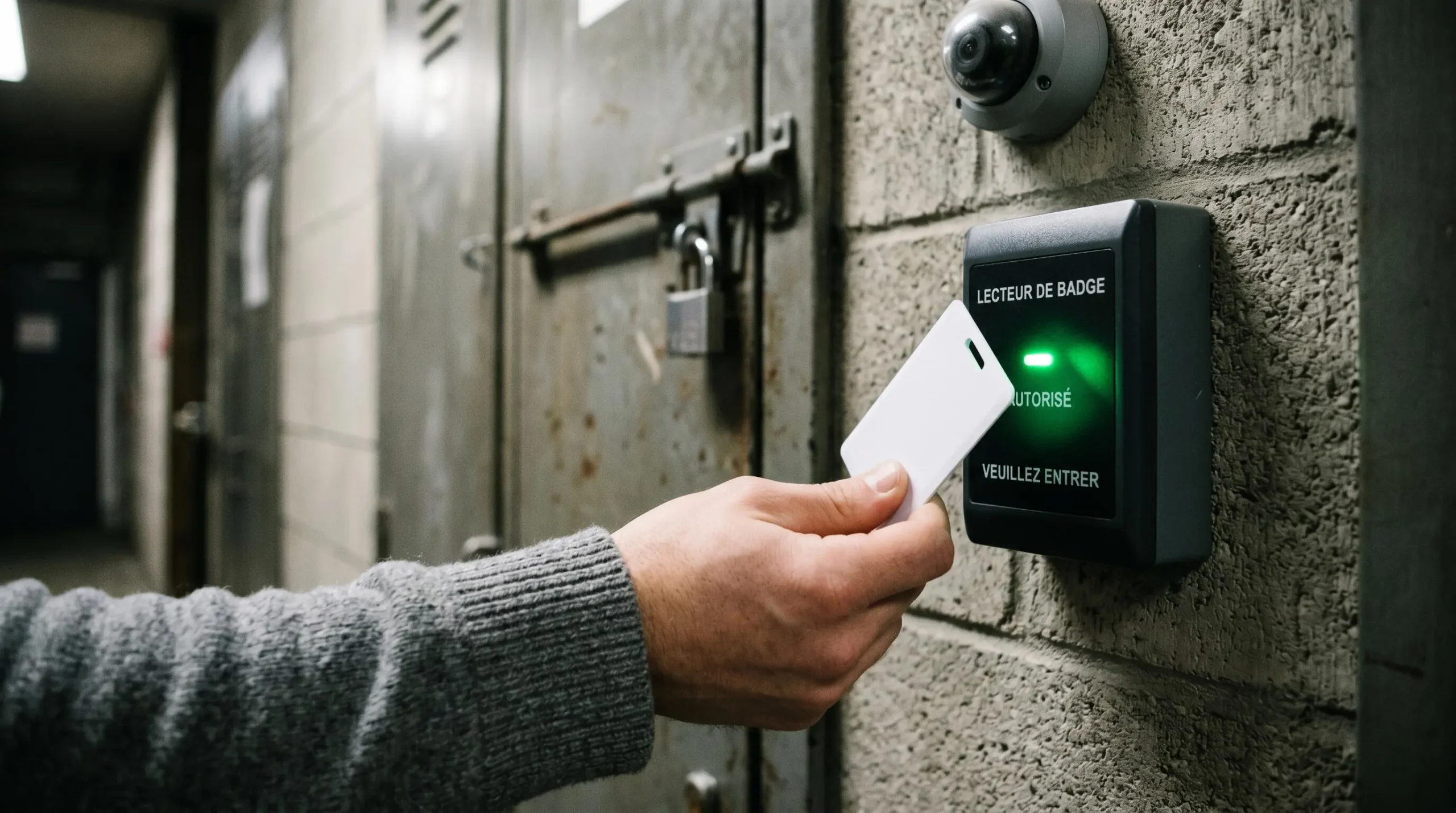 Main tenant badge RFID blanc devant lecteur mural avec voyant LED vert, porte de box métallique et caméra de surveillance en arrière-plan flouté