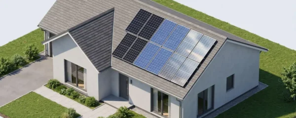 Illustration 3D d'une maison avec trois types de panneaux solaires sur le toit