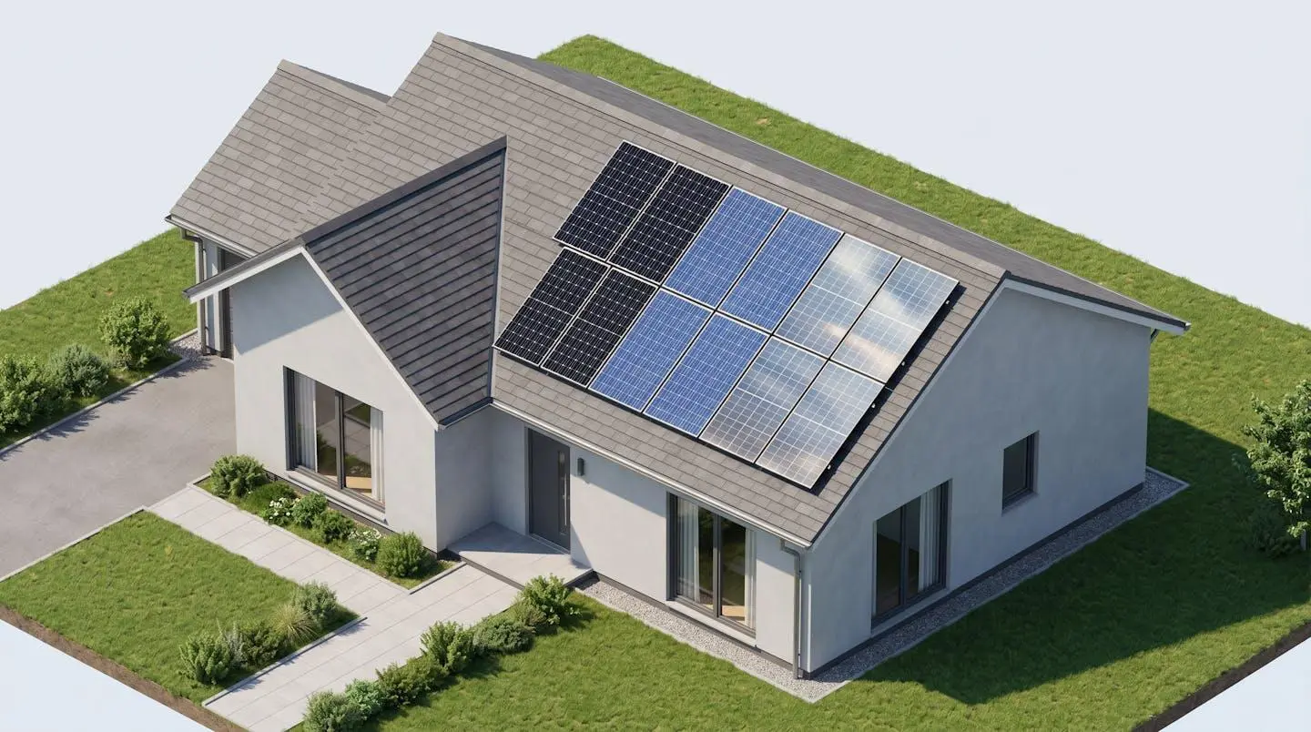 Illustration 3D d'une maison avec trois types de panneaux solaires sur le toit