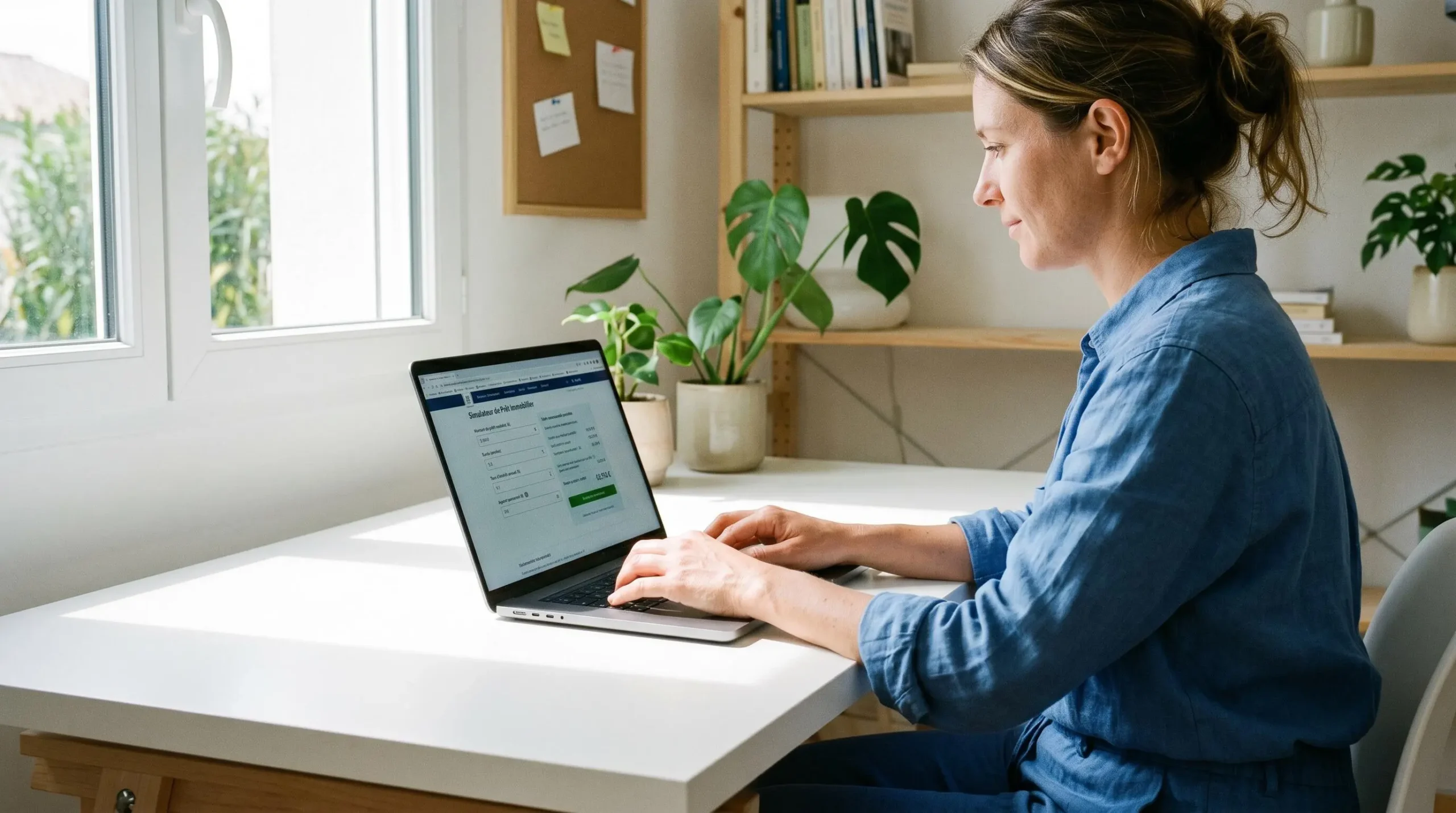 Personne utilisant un simulateur de crédit immobilier en ligne sur ordinateur portable affichant des résultats de capacité d'emprunt