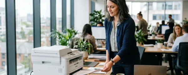 Responsable administratif récupérant un document imprimé sur une imprimante laser multifonction dans un bureau ouvert moderne