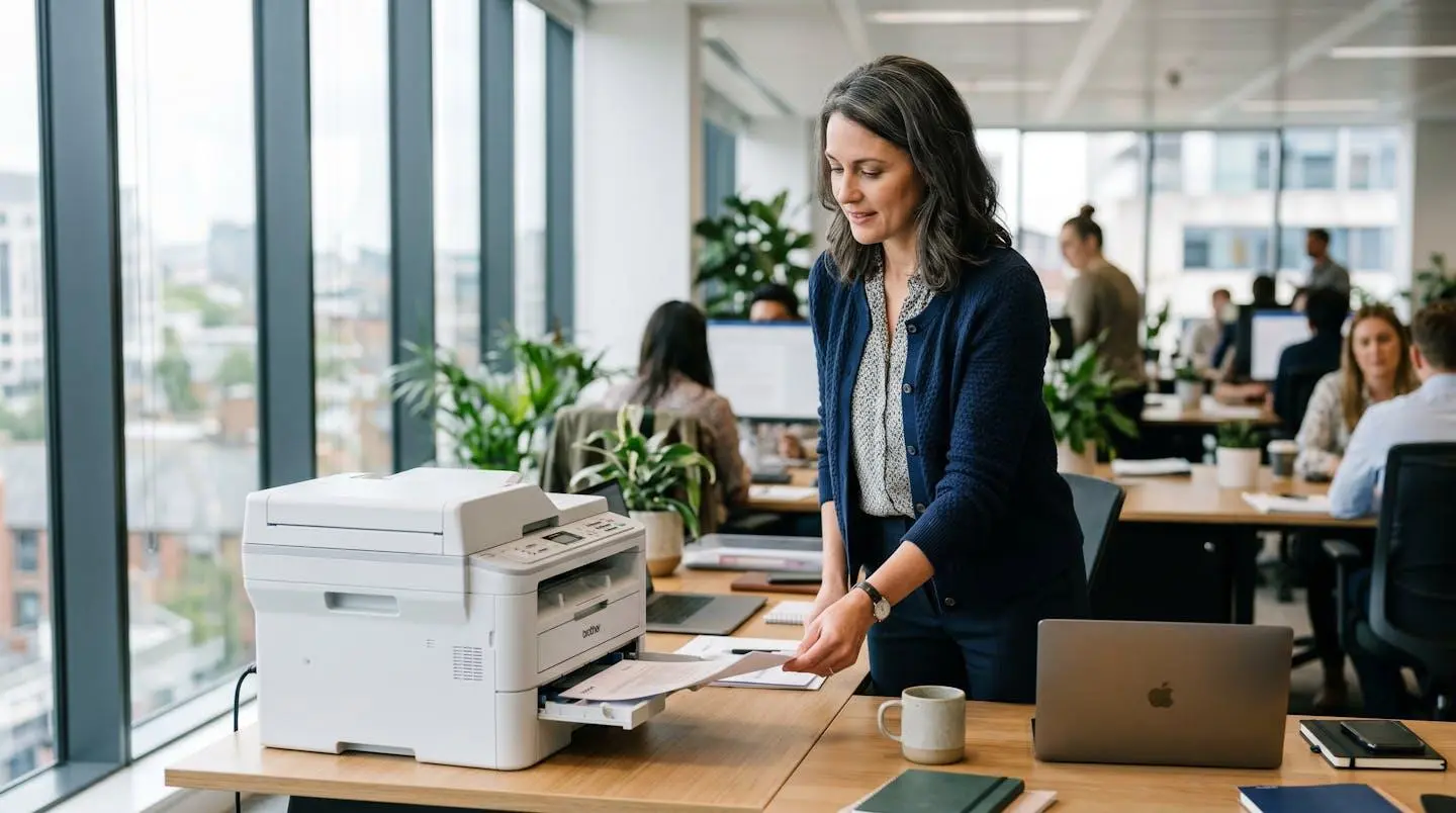 Responsable administratif récupérant un document imprimé sur une imprimante laser multifonction dans un bureau ouvert moderne