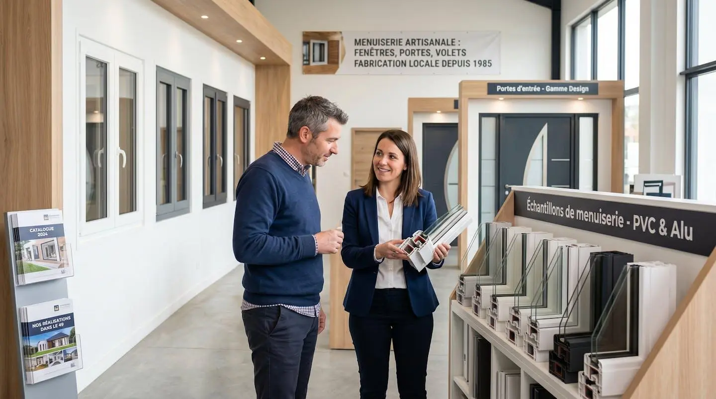 Showroom de menuiserie moderne avec fenêtres exposées aux murs, client et conseillère en discussion devant échantillons de profilés