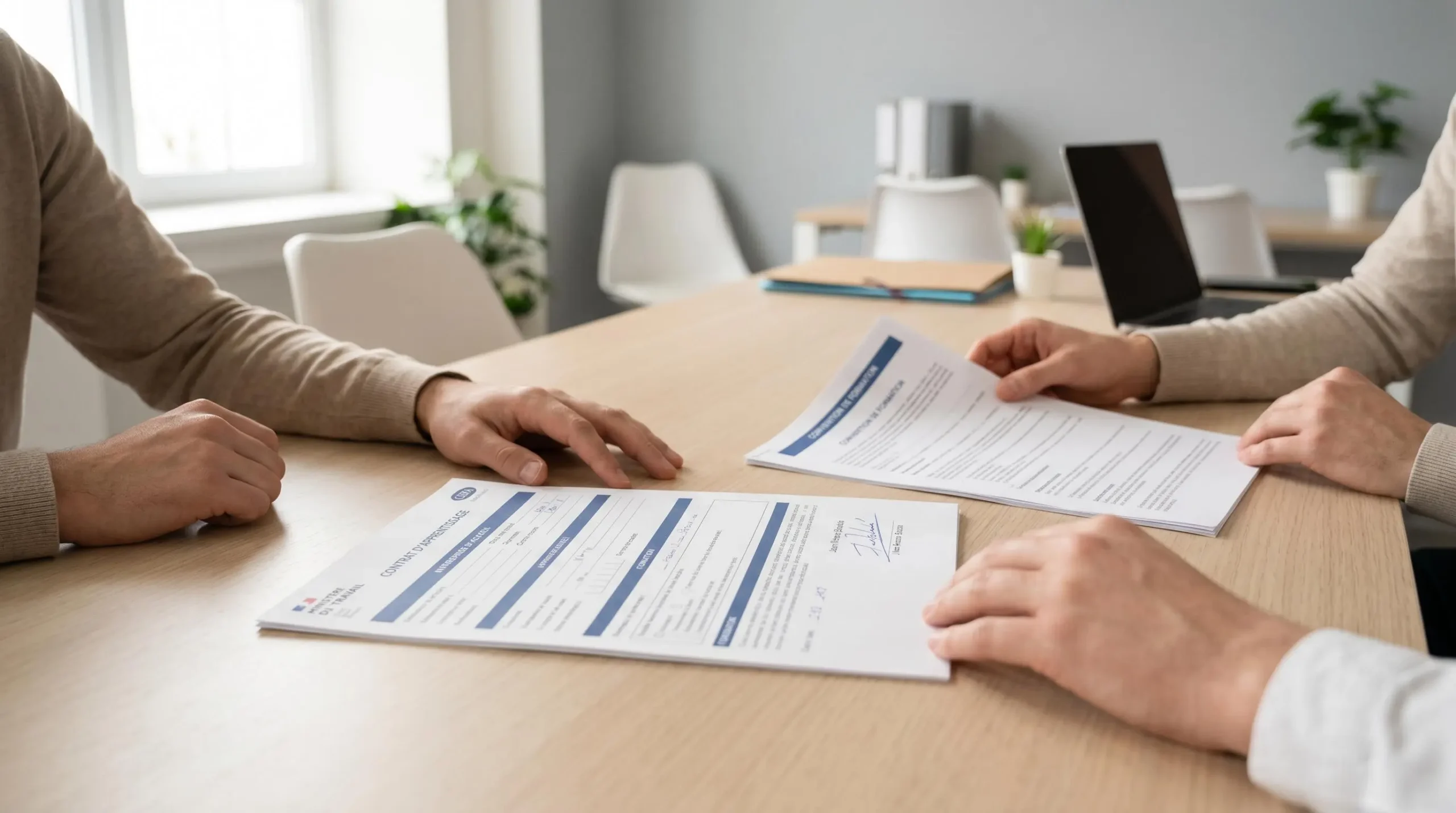 Signature d'un contrat d'alternance sur une table de bureau, mains de trois personnes autour de documents administratifs français, ordinateur portable en arrière-plan
