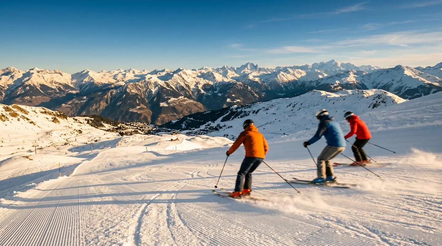 Skieurs en descente sur une piste de Courchevel avec panorama montagneux des Trois Vallées en arrière-plan, illustrant l'étendue du domaine skiable accessible depuis un point d'attache au pied des pistes
