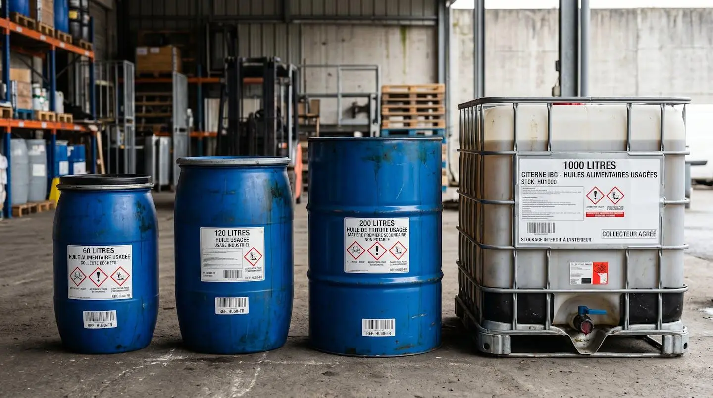 Alignement de quatre contenants de collecte d'huile alimentaire usagée de capacités croissantes (60, 120, 200 et 1000 litres) avec étiquettes réglementaires et codes-barres sur quai logistique professionnel