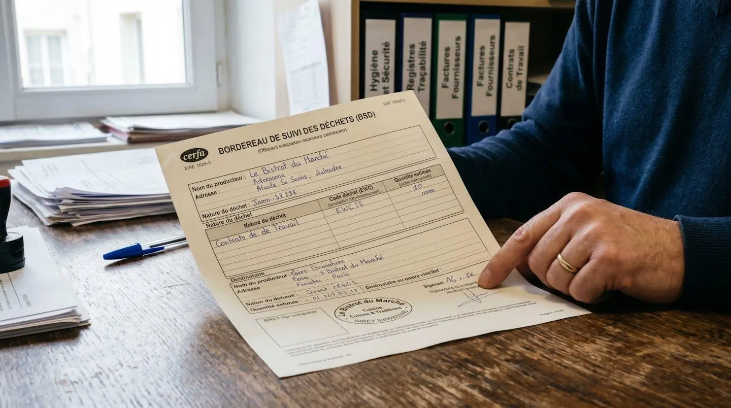 Bordereau de suivi des déchets français partiellement rempli avec tampons et signatures, posé sur bureau professionnel avec main de gestionnaire tenant le document