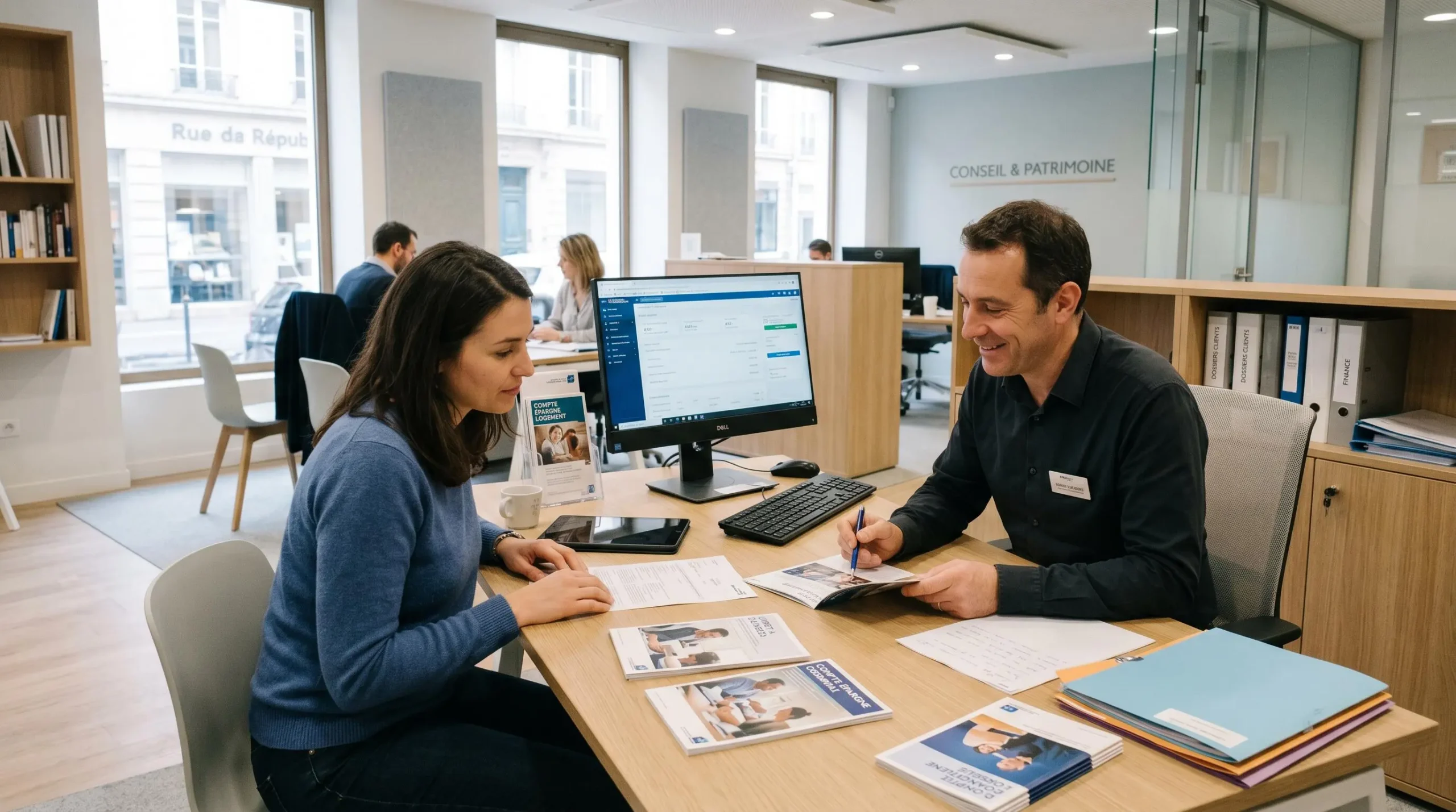 Bureau de conseil moderne avec ordinateur, documents d'épargne et matériel bancaire professionnel dans une agence bancaire française contemporaine