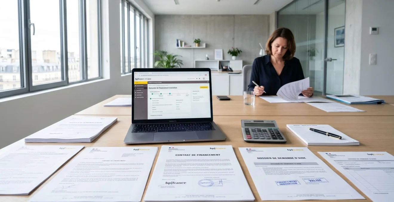 Bureau de dirigeant avec documents officiels de financements publics, calculatrice et écran d'ordinateur affichant des interfaces de dépôt de dossiers de subventions