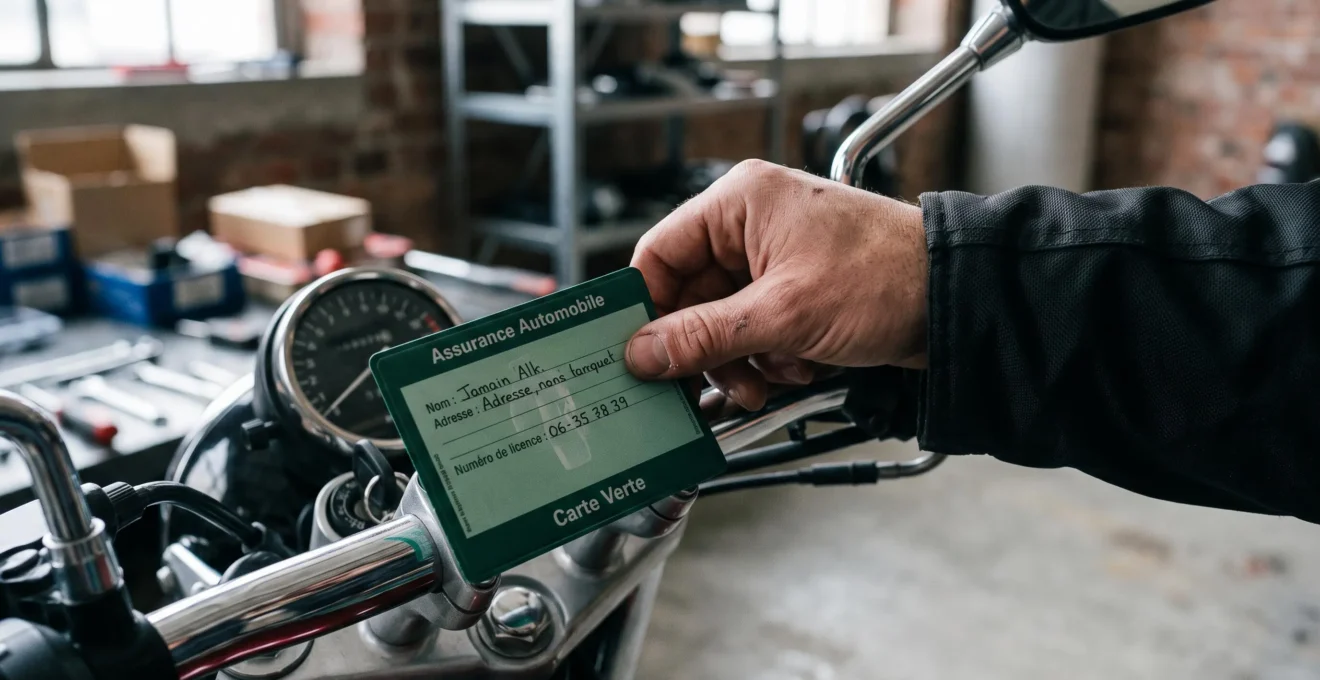 Gros plan sur carte verte d'assurance moto en français posée sur guidon chromé de moto sportive, main positionnant le document, cadran compteur visible flouté en arrière-plan, lumière naturelle indirecte