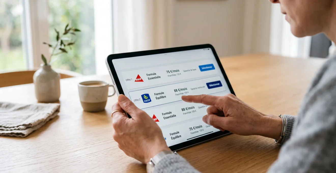 Gros plan sur mains consultant une tablette affichant interface de comparateur d'assurance en français, posée sur table en bois clair dans intérieur contemporain lumineux, geste de navigation tactile visible