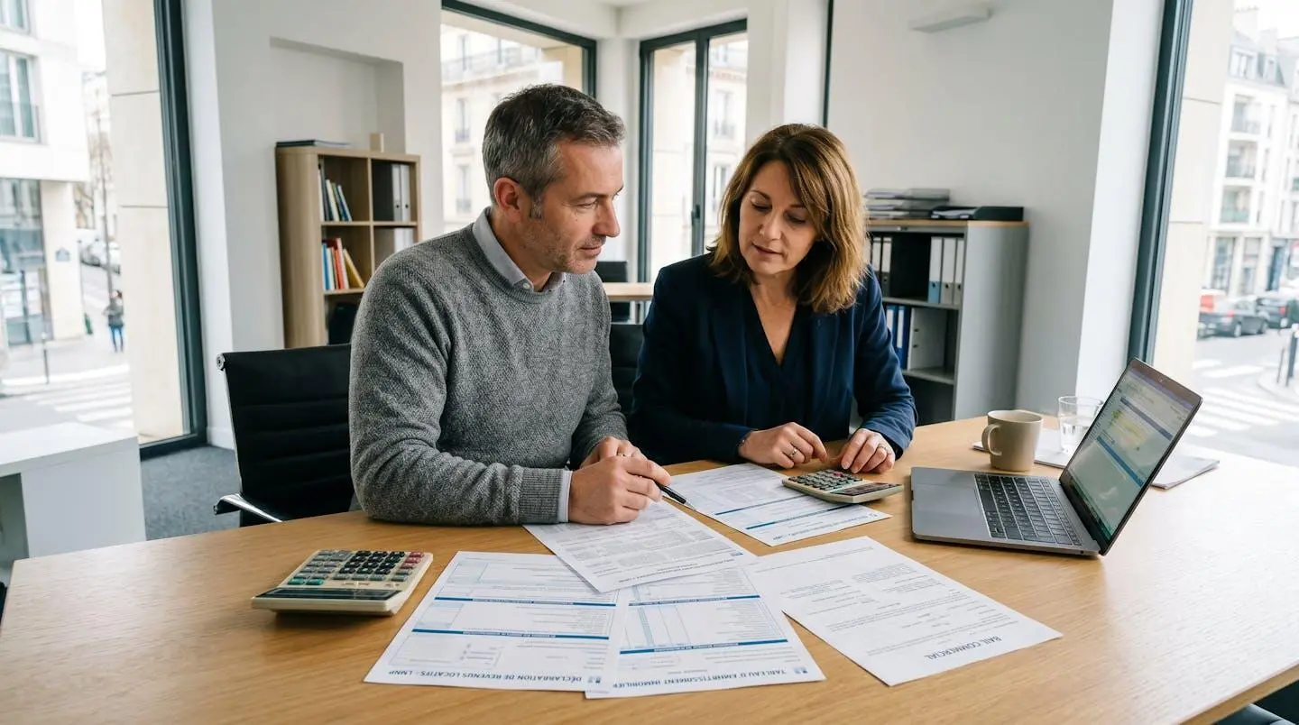 Couple consultant des documents fiscaux LMNP et plans d'amortissement sur un bureau moderne avec calculatrice et ordinateur portable