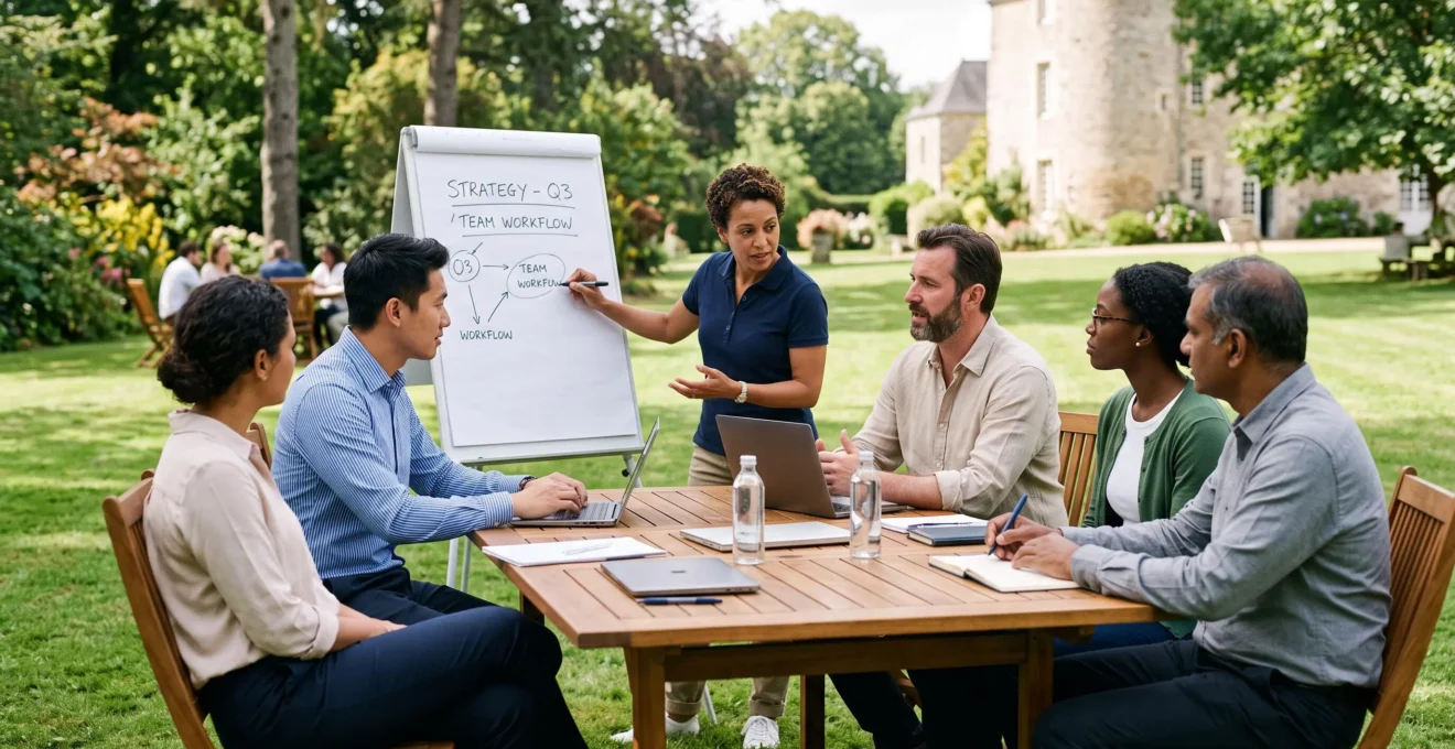 Équipe de cinq professionnels en session de travail collaboratif autour d'une table dans le parc verdoyant d'un domaine privatisé, environnement extérieur calme et naturel, discussion active en séminaire d'entreprise