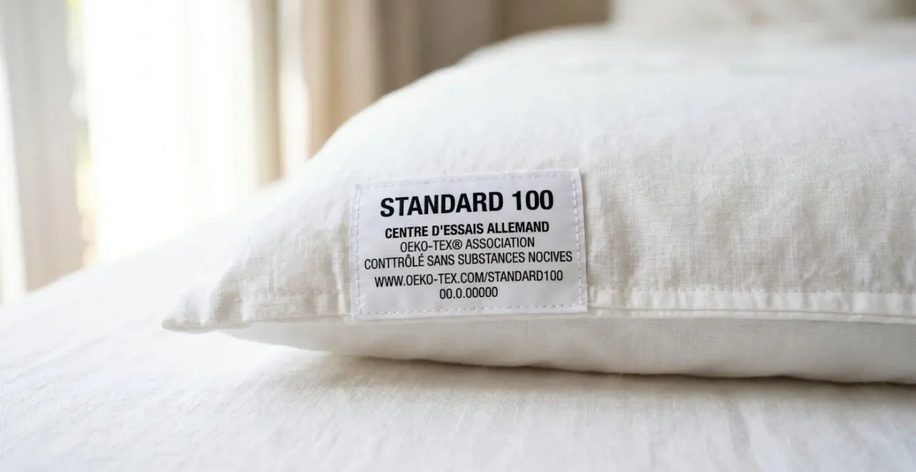 Étiquette de certification Oeko-Tex Standard 100 cousue sur l'angle d'une housse de couette blanche