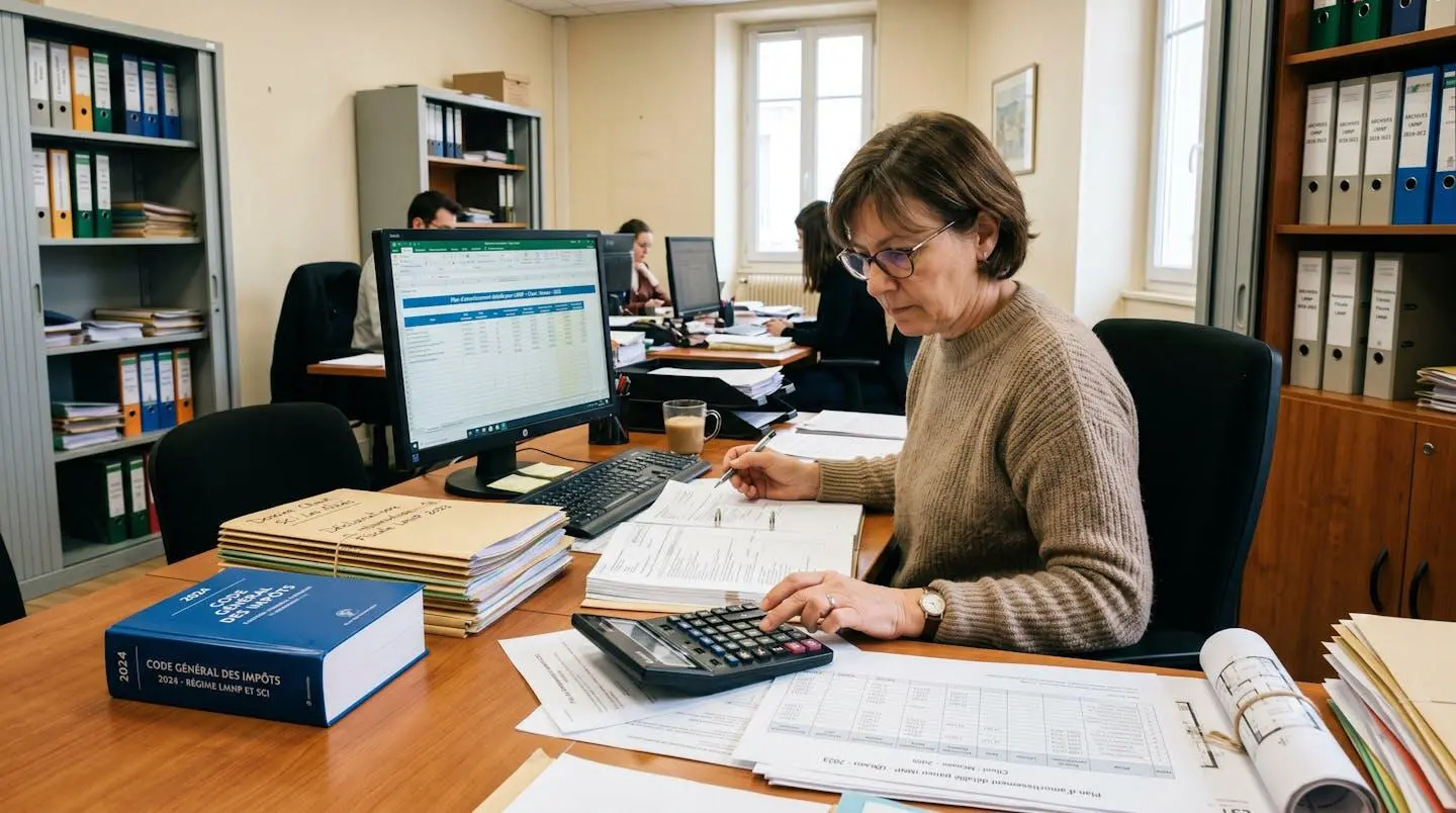 Expert-comptable spécialisé LMNP établissant un plan d'amortissement détaillé dans son bureau professionnel