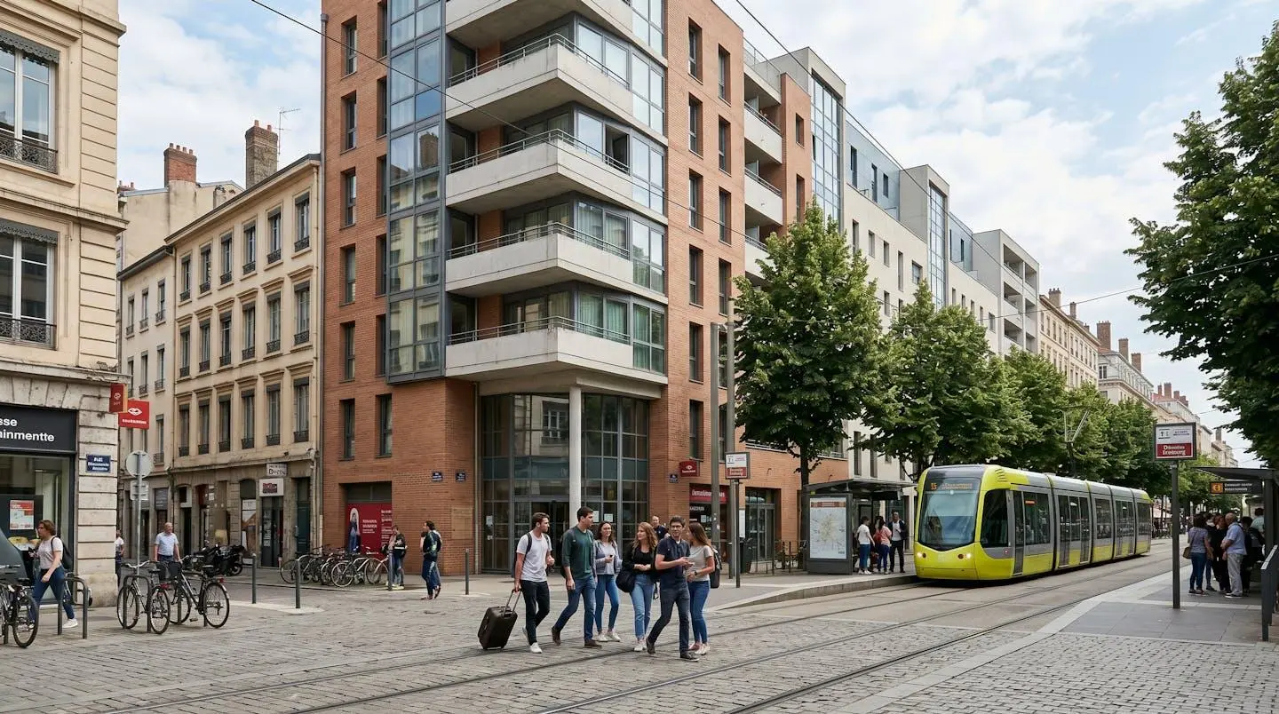 Façade moderne d'une résidence étudiante en centre-ville universitaire avec étudiants et environnement urbain