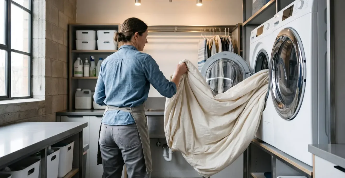 Femme sortant une housse de couette percale d'un lave-linge moderne, le textile conservant sa souplesse