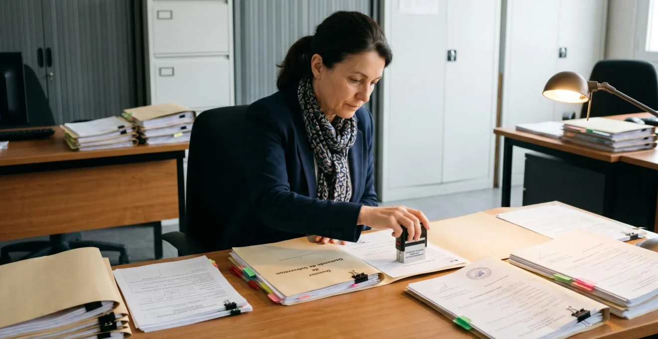 Instructeur administratif français examinant méthodiquement des dossiers de demande de subvention dans un bureau officiel