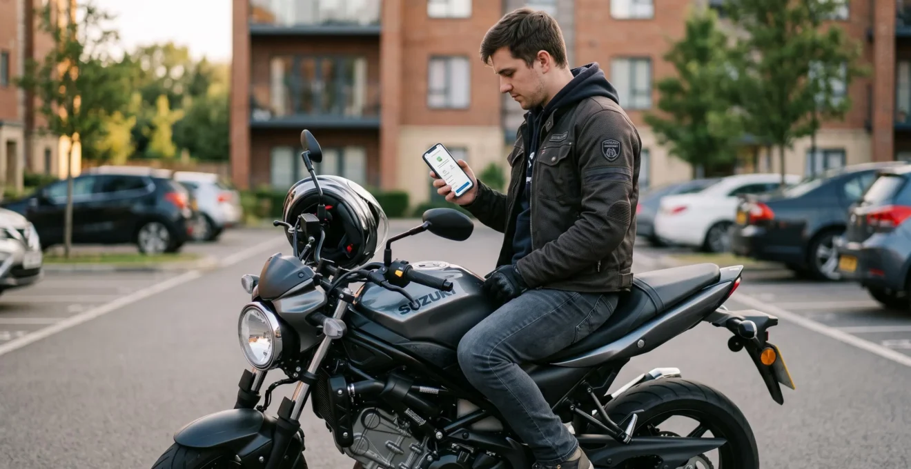Jeune motard de 25 ans consultant application mobile d'assurance sur smartphone, assis sur moto sportive garée dans parking résidentiel, lumière naturelle de fin d'après-midi, geste de navigation sur écran tactile