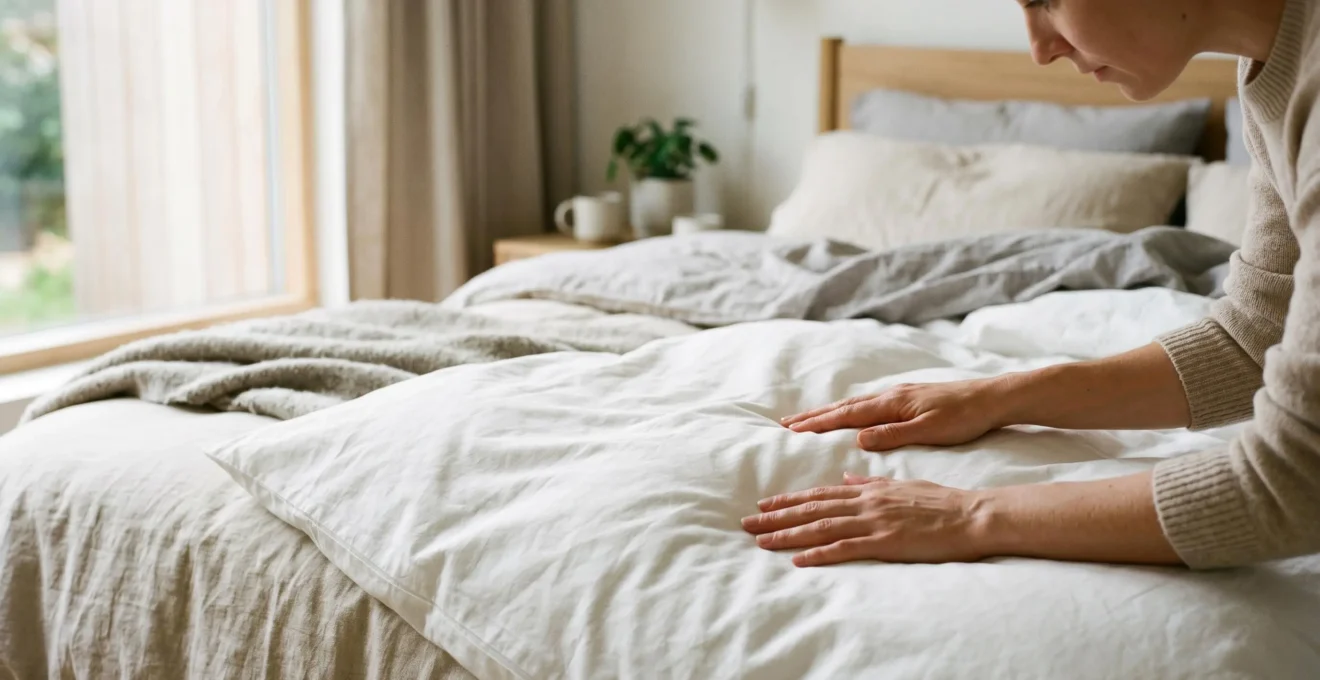 Mains touchant délicatement la texture d'une housse de couette en percale sur un lit dans une chambre moderne