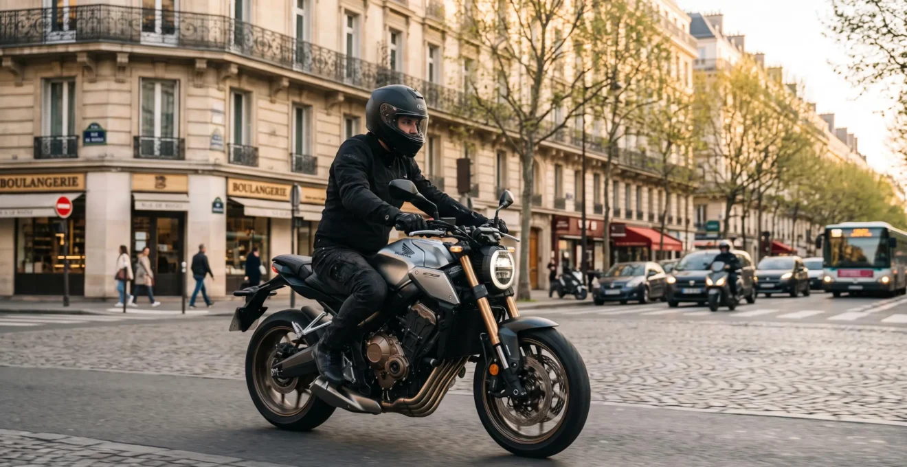 Motard sur Honda CB650R circulant dans une rue parisienne typique avec immeubles haussmanniens en arrière-plan, portant casque intégral et blouson textile, scène de trajet urbain quotidien en lumière naturelle matinale