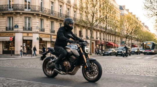 Motard sur Honda CB650R circulant dans une rue parisienne typique avec immeubles haussmanniens en arrière-plan, portant casque intégral et blouson textile, scène de trajet urbain quotidien en lumière naturelle matinale
