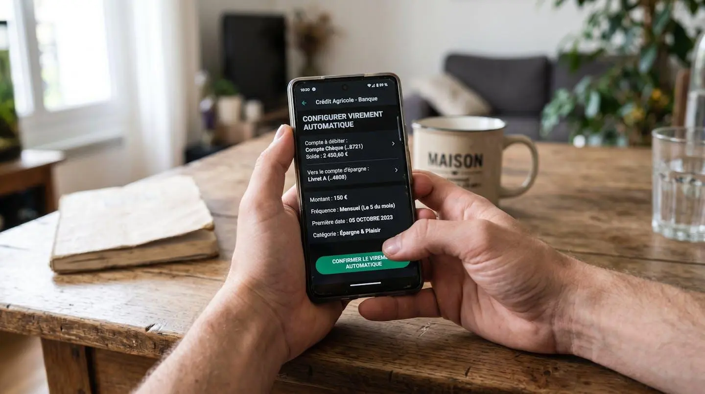 Smartphone affichant l'interface de configuration d'un virement automatique vers épargne dans une application bancaire française