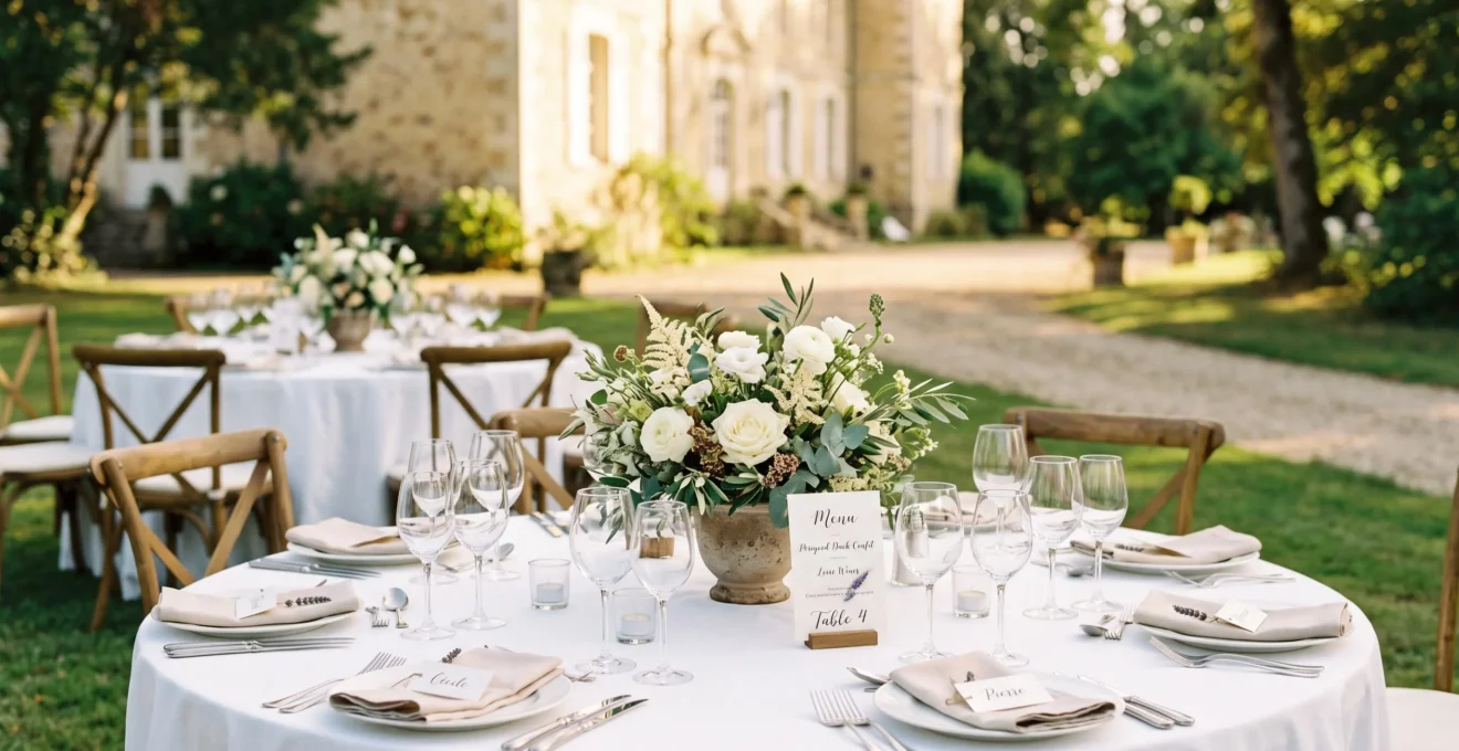 Tables rondes élégamment dressées pour une réception de mariage en extérieur dans le parc d'un domaine privatisé des Pays de la Loire, nappes blanches, compositions florales champêtres, bâtisse historique en arrière-plan