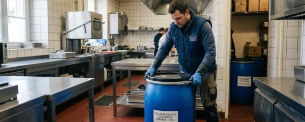 Technicien d'entreprise de collecte manipulant un fût de 120 litres d'huile alimentaire usagée dans la cuisine professionnelle d'un restaurant français, environnement de travail réel avec équipements inox