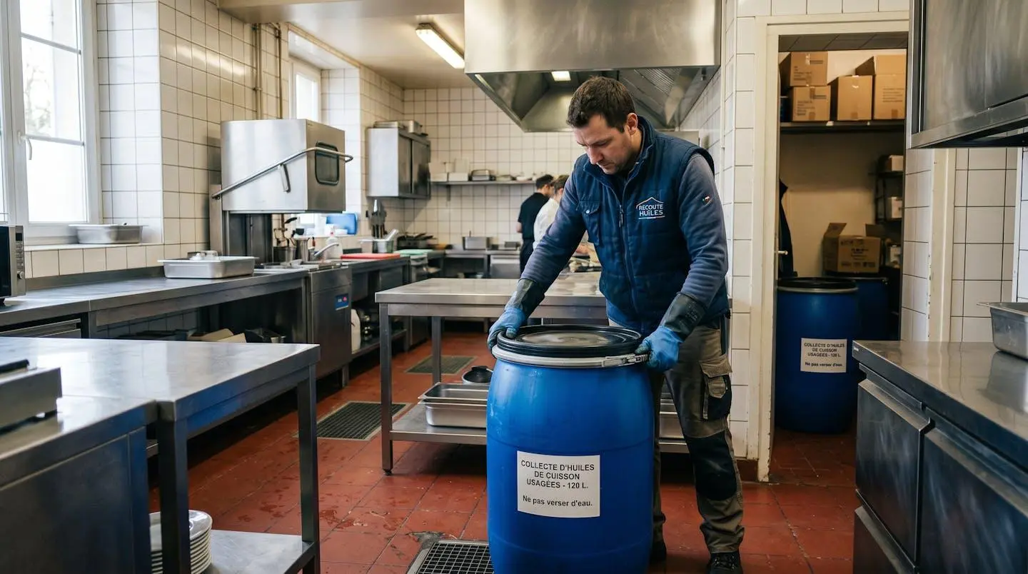 Technicien d'entreprise de collecte manipulant un fût de 120 litres d'huile alimentaire usagée dans la cuisine professionnelle d'un restaurant français, environnement de travail réel avec équipements inox