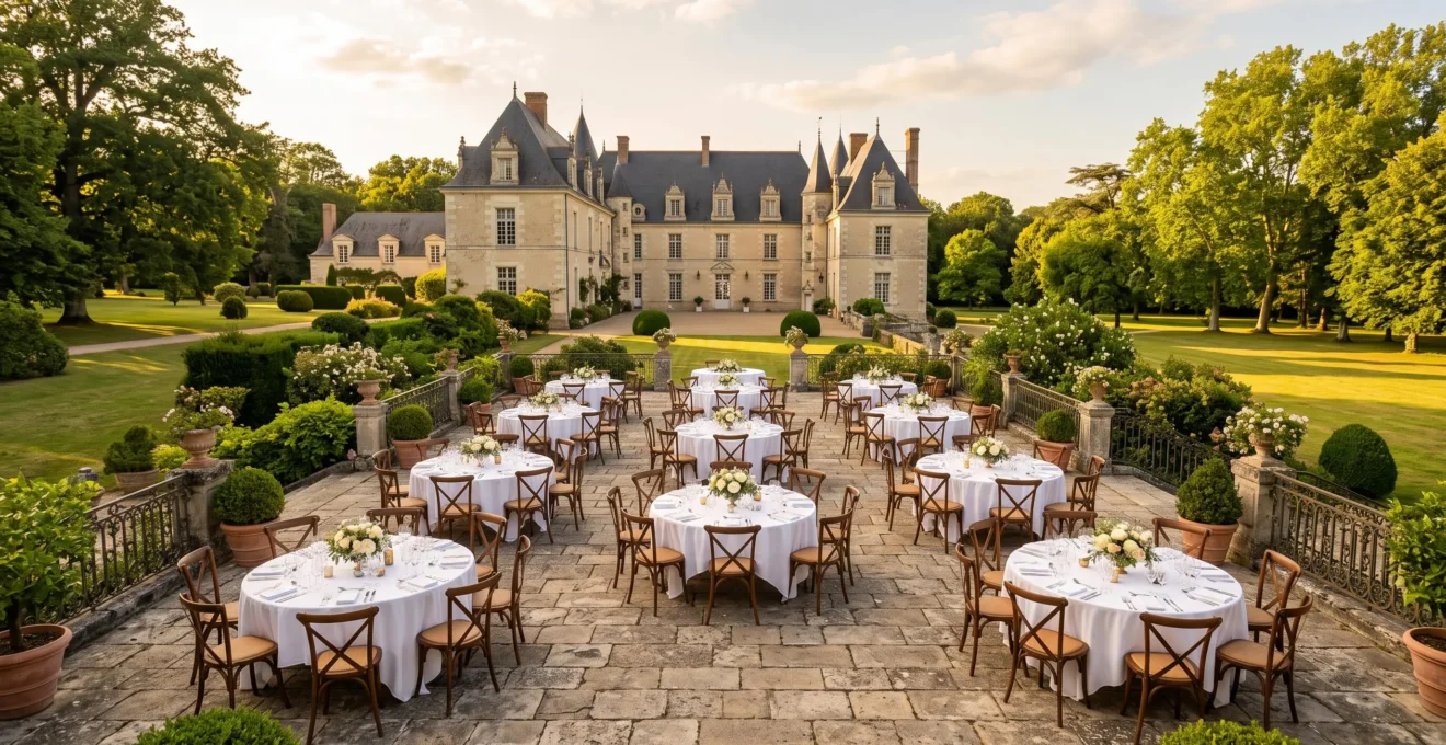 Vaste terrasse en pierre d'un domaine historique des Pays de la Loire aménagée avec tables et chaises élégantes pour un événement privatisé, entourée d'un parc verdoyant et d'arbres centenaires, lumière dorée de fin d'après-midi