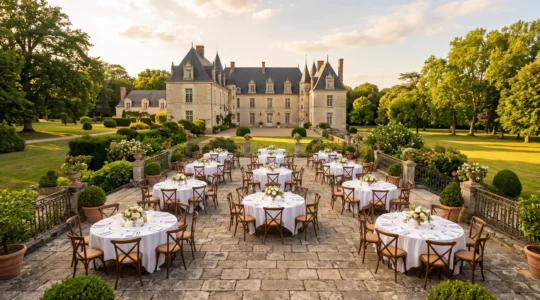 Vaste terrasse en pierre d'un domaine historique des Pays de la Loire aménagée avec tables et chaises élégantes pour un événement privatisé, entourée d'un parc verdoyant et d'arbres centenaires, lumière dorée de fin d'après-midi