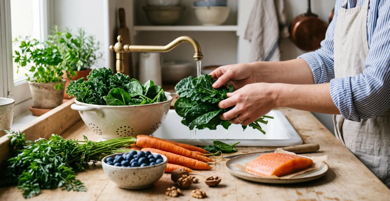 Aliments frais bénéfiques pour la santé visuelle disposés sur un plan de travail : épinards, carottes, myrtilles, saumon et noix