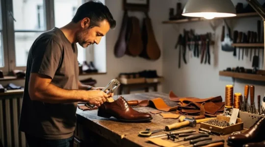 Artisan cordonnier français fabriquant une chaussure en cuir dans son atelier traditionnel