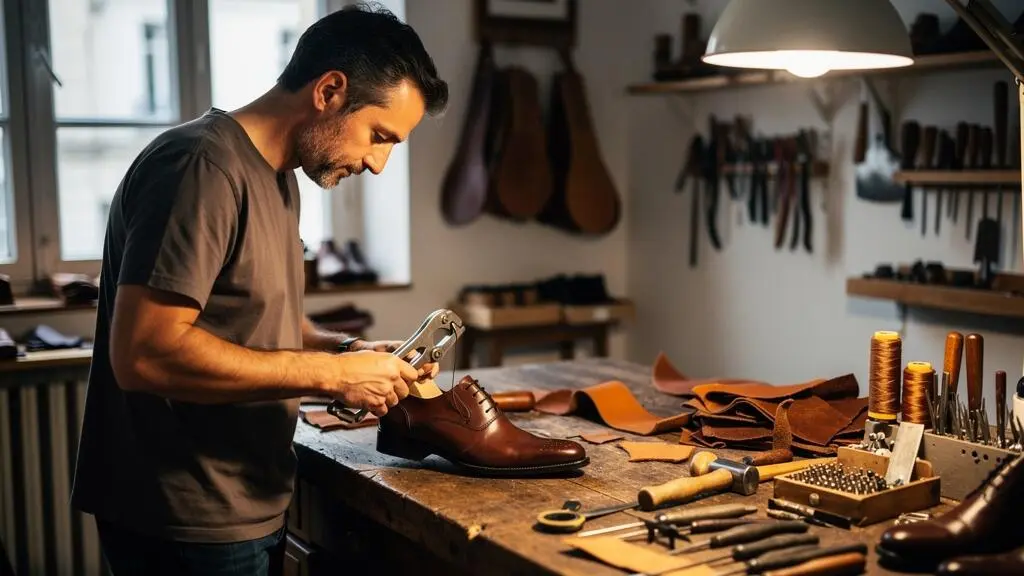 Artisan cordonnier français fabriquant une chaussure en cuir dans son atelier traditionnel