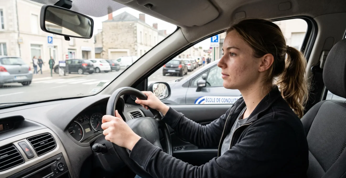Jeune femme conductrice concentrée au volant lors d'une conduite supervisée en milieu urbain à Cholet