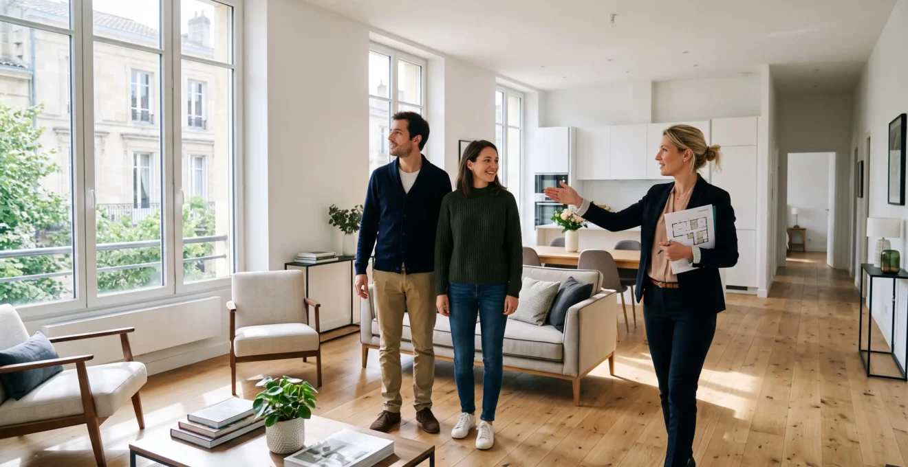 Couple visitant un appartement moderne avec un agent immobilier dans un salon lumineux