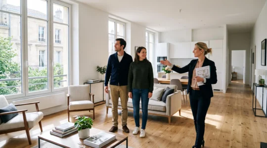 Couple visitant un appartement moderne avec un agent immobilier dans un salon lumineux